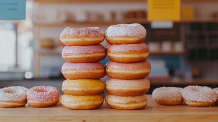 Tall stack of colorful donuts displayed on counter in busy donut shop