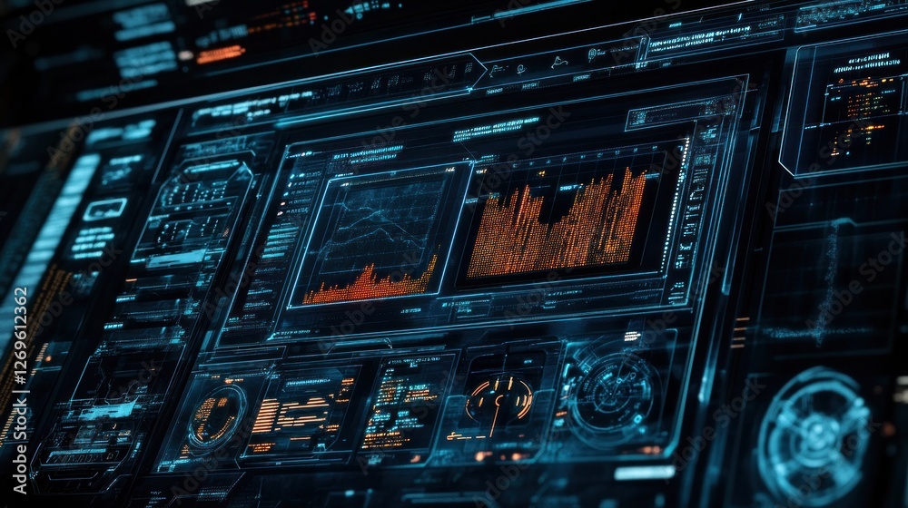 Poster Futuristic holographic display interface with complex data visualizations shown