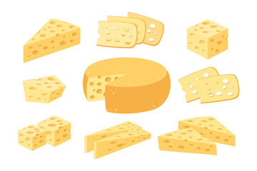 Cheese icons set. Swiss cheese wheel and slices. Cheese and pieces of cheese. Dairy food illustration