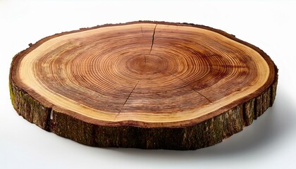 smooth cross section brown tree stump slice with age rings cut fresh from the forest with wood grain isolated on white