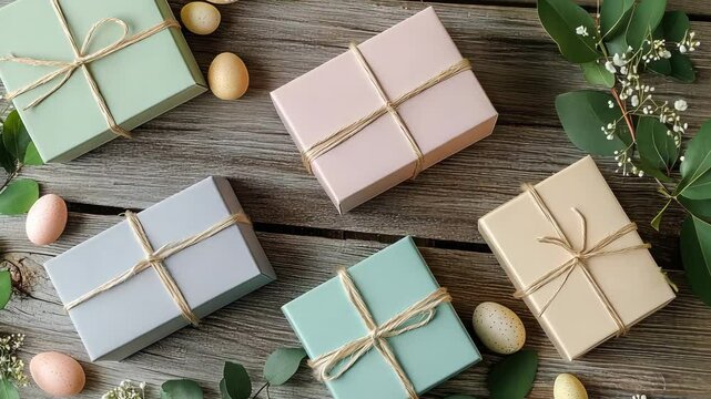Gift boxes in pastel colors are elegantly arranged atop a weathered wooden table. Each box is tied with twine, adding a rustic charm. Surrounding the boxes are small decorative eggs and greenery, crea