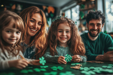 Fototapeta premium Family enjoys a joyful St Patricks Day celebration while crafting together in a cozy indoor setting filled with festive decorations