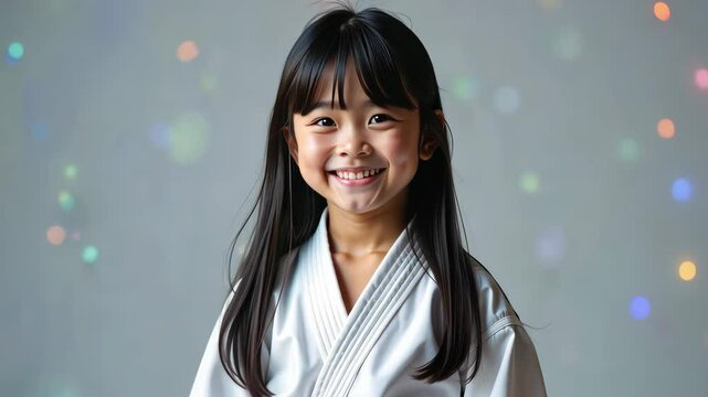 A young girl smiles confidently while wearing a karate uniform in a brightly lit studio during a martial arts class