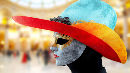 stunning masquerade mask adorned with vibrant colors and intricate details, set against blurred background of grand venue, evokes sense of mystery and elegance