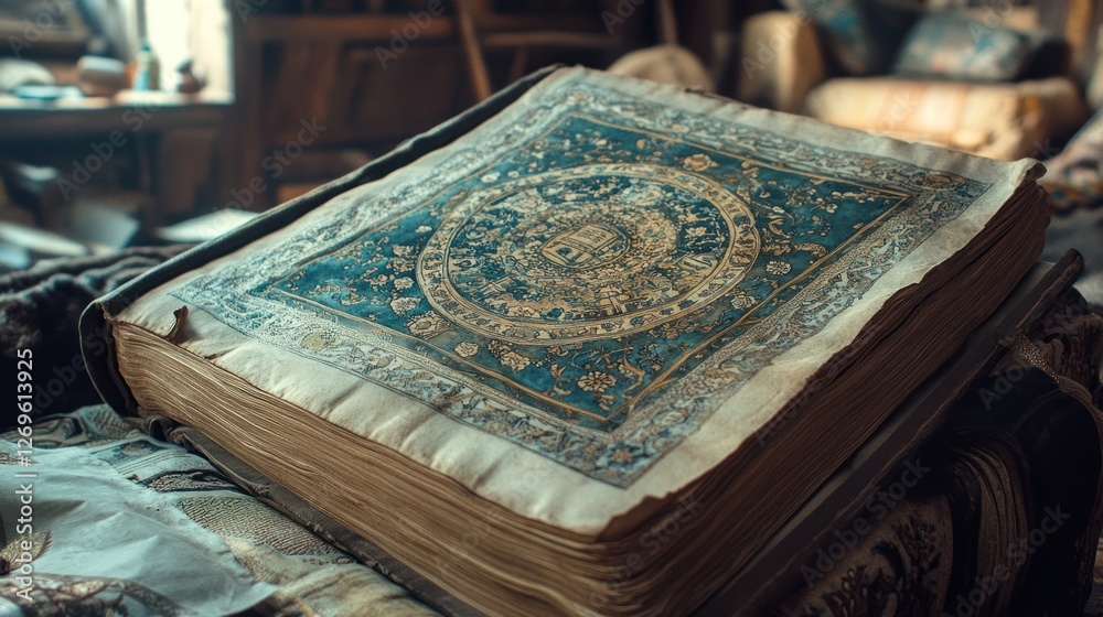 Poster ornate ancient book rests open on patterned fabric surface