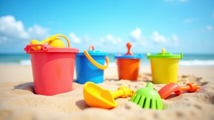 Kids helping shovel, Beach scene clear sky colorful buckets toy shovels on sand photorealistic.