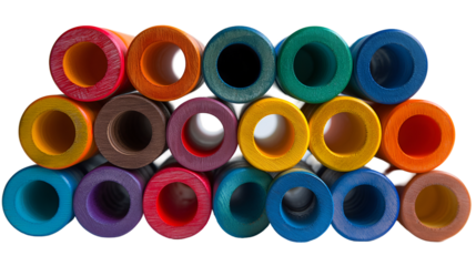 Wooden Cylinders Stack Rainbow Pyramid, Bright Geometric Shapes for Kids' Playtime, isolated on transparent background.