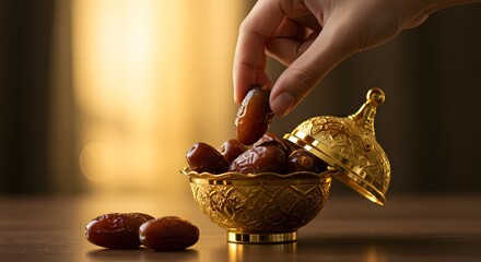 Hand Taking Date Fruit From Golden Bowl for Festive Occasion
