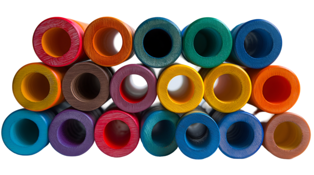 Wooden Cylinders Stack Rainbow Pyramid, Bright Geometric Shapes for Kids' Playtime, isolated on transparent background.