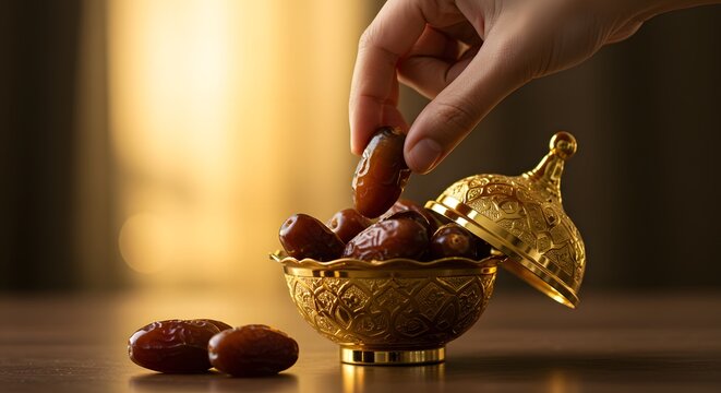 Hand Taking Date Fruit From Golden Bowl for Festive Occasion