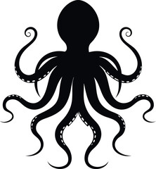 Minimalistic Black Silhouette Vector Illustration of an Octopus with Tentacles Spread, Abstract Marine Creature Design, Fluid Motion, Oceanic Art for Nature Lovers and Ocean Exploration.