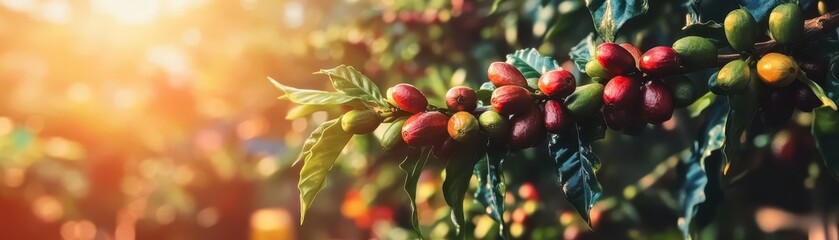 Fresh Coffee Berries on Branch Amidst Green Leaves and Sunset Light
