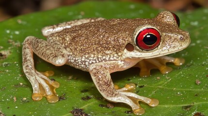 Obraz premium Tiny Frog with Striking Red Eyes Clinging to a Leafy Background