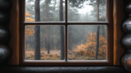 Rainy Autumn Day Viewed Through a Cabin Window