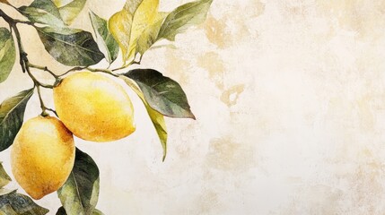 Ripe lemons on branch, textured background, Italian orchard, summer harvest, food/drink design