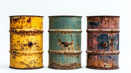 set of old rusty oil barrels isolated on white background