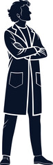 Minimalistic Black Silhouette Vector Illustration of a Scientist in a Lab Coat, Scientific Research, Innovation, Laboratory Environment, Professional Expertise, Modern Science, Academic Exploration.