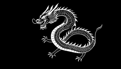 Fototapeta premium White Detailed Chinese Dragon Illustration on Black Background, Traditional Asian Art Design, Mythological Creature, Symbolic of Power and Good Fortune