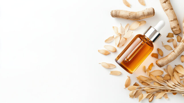 Aesthetic flat lay of serum bottle with astragalus root and dried leaves