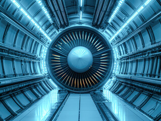 Naklejka premium Close-up view of mechanical design in turbine engine technology facility