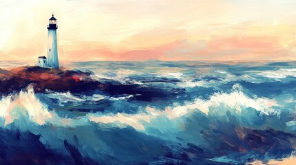 Fototapeta premium Lighthouse Standing Tall Against Ocean Waves At Sunset