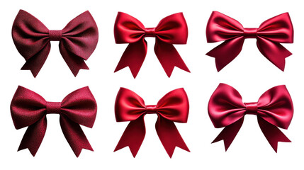 Red satin bows in various styles and textures, perfect for gifts and decorations