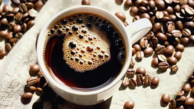 Freshly brewed coffee is being poured into a white cup surrounded by roasted coffee beans. The bright environment enhances the rich color and aroma of the drink