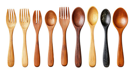 Natural wooden utensils in various shapes and colors, showcasing craftsmanship and design
