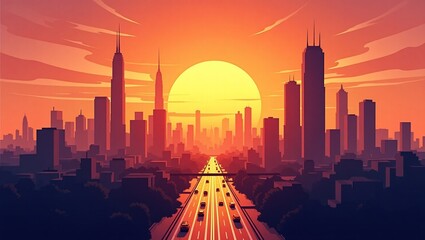 Sunset or sunrise over a modern city in natural colors. Bright sunlight illuminates the silhouettes of buildings and skyscrapers. Vector illustration. City landscape. Sun glare. Cityscape.
