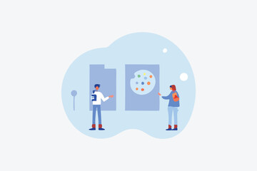 Workplace concept with standing women in front audience . Vector illustration flat design. Isolated on white background. Market analysis expert. 