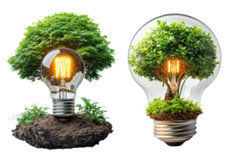 Light bulb with tree and plants, symbolizing eco friendly energy and nature