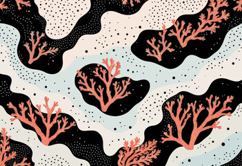 A repeating design of coral reefs in shades of orange and black, with white and light blue accents, creating a visually striking and dynamic composition. Vector patterns, random pattern