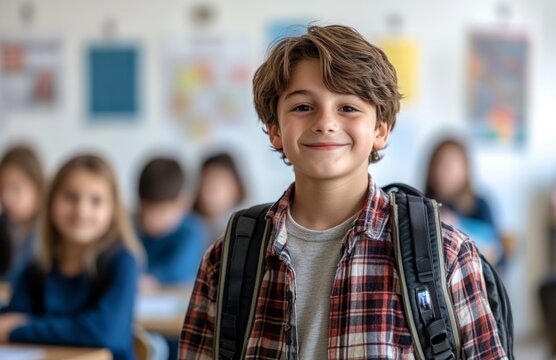 Happy boy with backpack and smartwatch in classroom setting