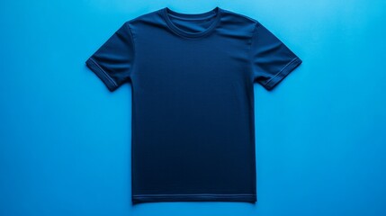 Back of a blank navy t-shirt on a solid light blue background, minimalist style 