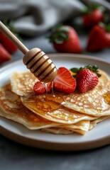 Thin Russian pancakes with strawberries and honey on white plate