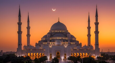 Obraz premium Grand Mosque at Sunset with Crescent Moon and Golden Sky