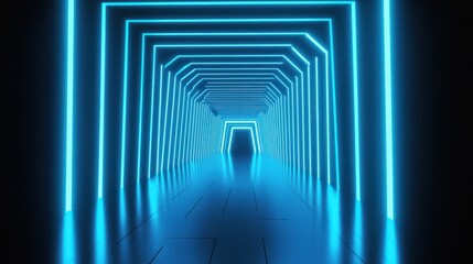 Abstract blue neon light tunnel.