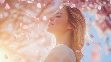 Woman standing under falling petals of blossoming composition background