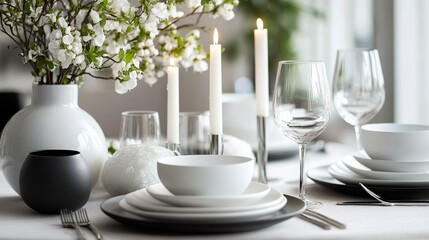 A modern dining table set with stylish candle holders, floral arrangements, and artistic dinnerware.