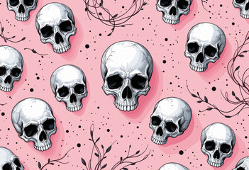 A repeating arrangement of white skull faces with black outlines against a pink background, accompanied by black lines and dots. Vector patterns, random pattern