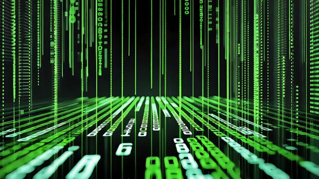 Green matrix-style digital code falling in cyberspace with futuristic hacking and programming elements