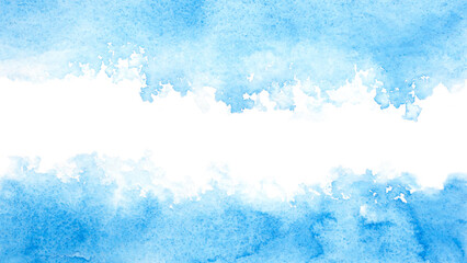 A blue and white watercolor painting of a sky with a white line. The blue and white colors give the...