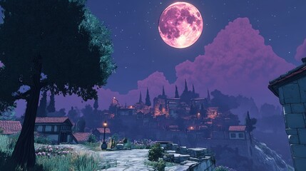 Naklejka premium Nighttime Village Scene Underneath a Pink Moon