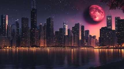 Fototapeta premium Cityscape at Night Underneath a Crimson Moon