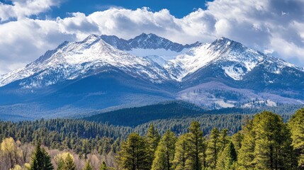 Snow covered mountains rise above the evergreen forest