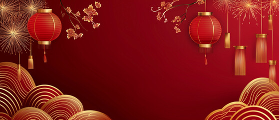 Happy Chinese new year 2025. Chinese new year banner with copyspace for show product. Greeting card. China frame with lantern on red background.