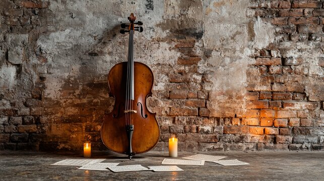 Cello against brick wall with candles and sheet music.