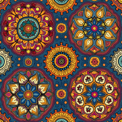 Six symmetrical, colorful mandala-like designs with intricate floral and geometric elements, including flowers, leaves, and dots, set against a blue background. Vector patterns, random pattern