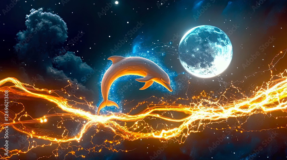 Poster luminescent dolphin leaps between glowing moons in a cosmic dance of light and energy