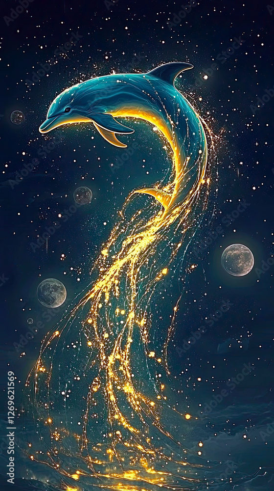 Poster luminescent dolphin dances between glowing moons in a cosmic tapestry of energy and light